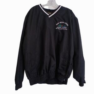 VTG Men's Size Small New Moon Lodge V-Neck Windbreaker black Retro Logo